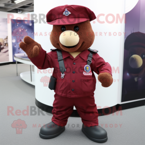 Maroon Special Air Service mascot costume character dressed with a Waistcoat and Hats