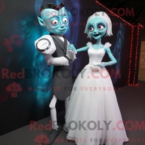 Maskotfigur av en cyan...