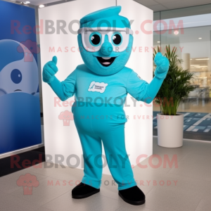 Turquoise Ice mascot costume character dressed with a Capri Pants and Suspenders