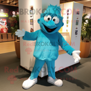 Turquoise Ice mascot costume character dressed with a Capri Pants and Suspenders