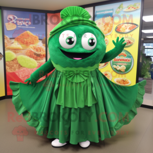 Forest Green Fish Tacos mascot costume character dressed with a Circle Skirt and Shoe clips