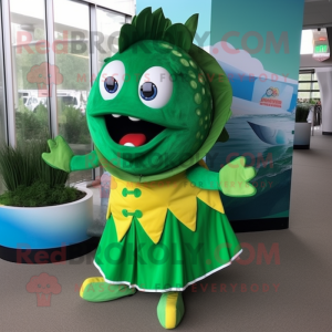 Forest Green Fish Tacos mascot costume character dressed with a Circle Skirt and Shoe clips