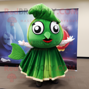 Forest Green Fish Tacos mascot costume character dressed with a Circle Skirt and Shoe clips