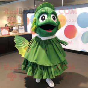 Forest Green Fish Tacos mascot costume character dressed with a Circle Skirt and Shoe clips