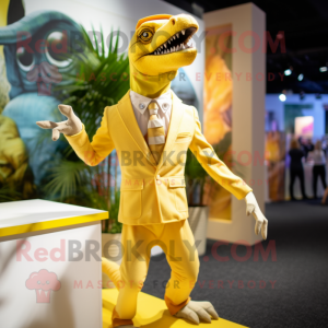 Lemon Yellow Deinonychus mascot costume character dressed with a Culottes and Cufflinks