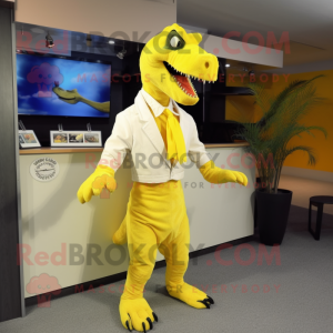 Lemon Yellow Deinonychus mascot costume character dressed with a Culottes and Cufflinks