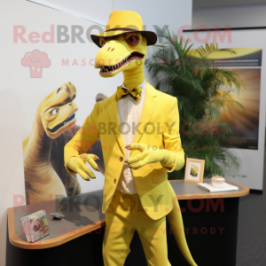 Lemon Yellow Deinonychus mascot costume character dressed with a Culottes and Cufflinks