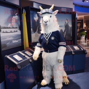 Navy Angora Goat mascot costume character dressed with a Blouse and Coin purses