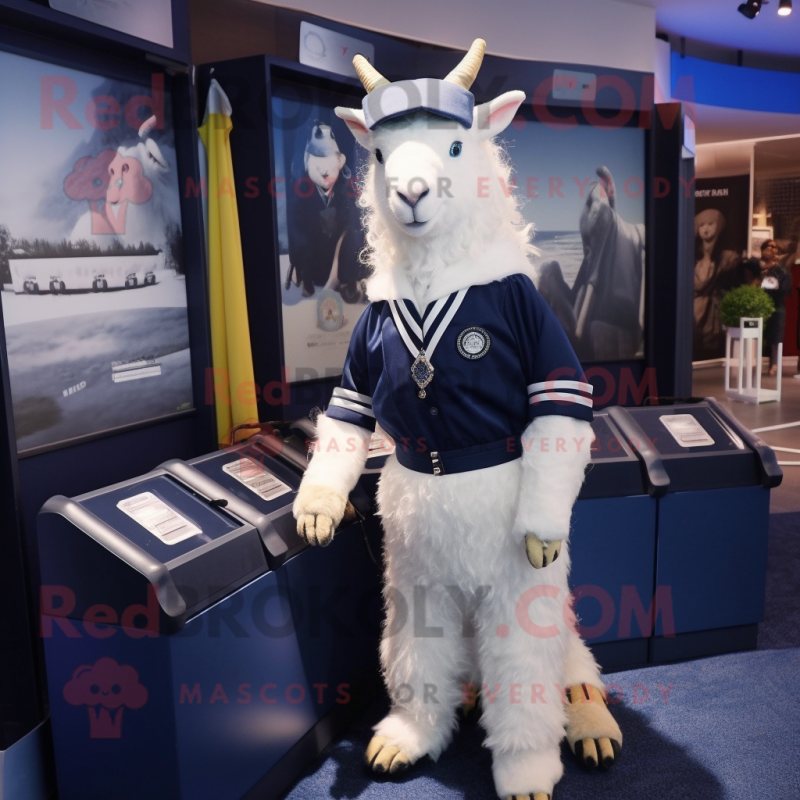 Navy Angora Goat mascot costume character dressed with a Blouse and Coin purses Navy Angora Goat mascot costume character dressed with a Blouse and Coin purses