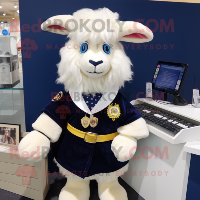 Navy Angora Goat mascot costume character dressed with a Blouse and Coin purses