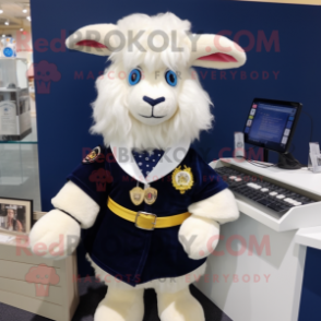 Navy Angora Goat mascot costume character dressed with a Blouse and Coin purses