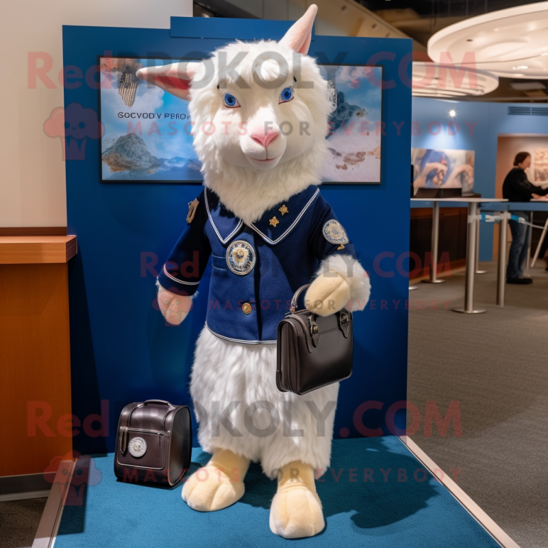 Navy Angora Goat mascot costume character dressed with a Blouse and Coin purses