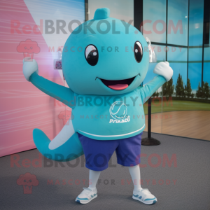 Cyan Narwhal mascot costume character dressed with a Joggers and Shoe clips