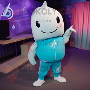 Cyan Narwhal mascot costume character dressed with a Joggers and Shoe clips