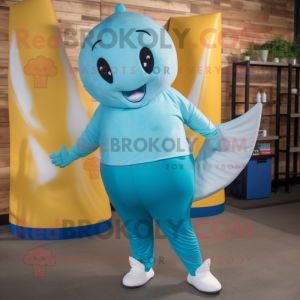 Cyan Narwhal mascot costume character dressed with a Joggers and Shoe clips