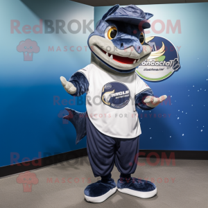 Navy Barracuda mascot costume character dressed with a Shorts and Shawl pins