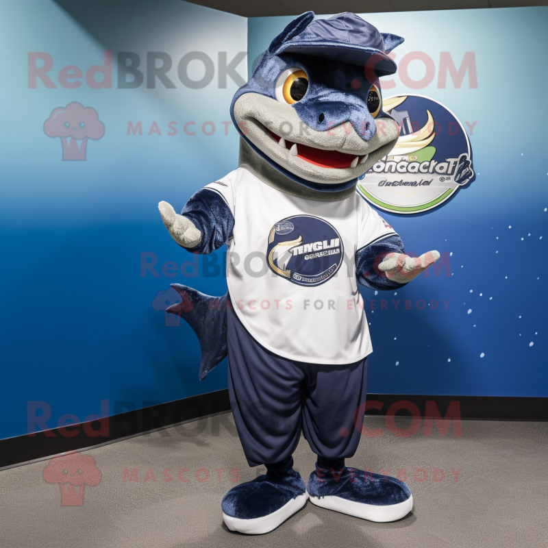 Navy Barracuda mascot costume character dressed with a Shorts and Shawl pins Navy Barracuda mascot costume character dressed with a Shorts and Shawl pins
