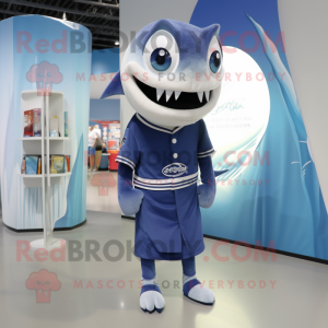Navy Barracuda mascot costume character dressed with a Shorts and Shawl pins