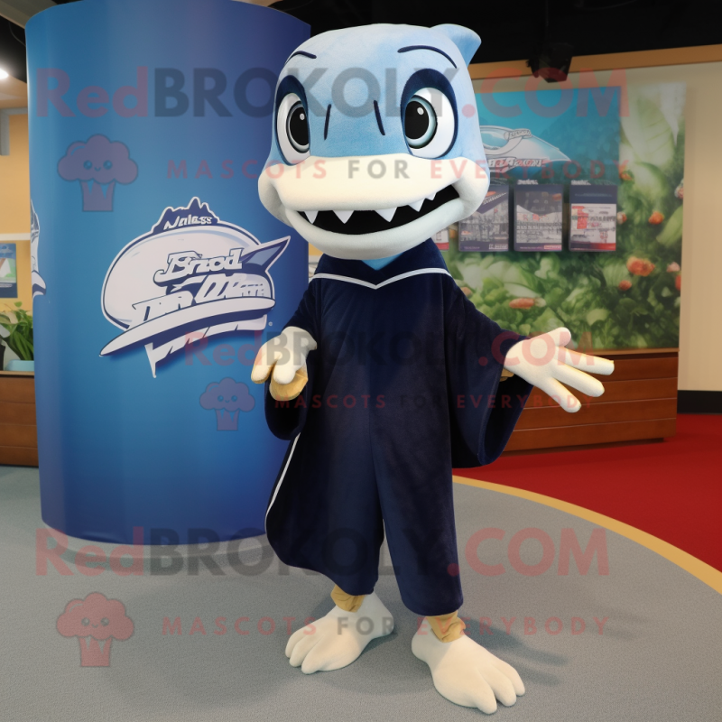 Navy Barracuda mascot costume character dressed with a Shorts and Shawl pins