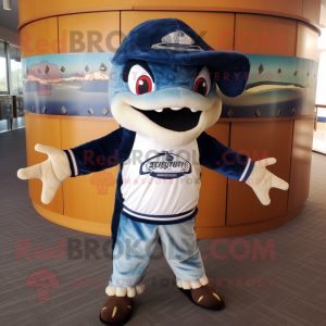 Navy Barracuda mascot costume character dressed with a Shorts and Shawl pins