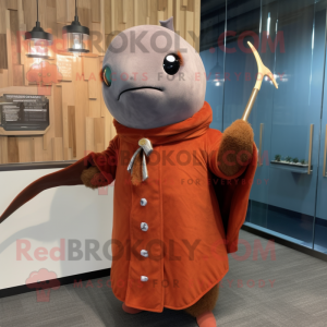 Rust Narwhal mascot costume character dressed with a Turtleneck and Shawl pins