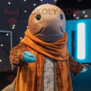 Rust Narwhal mascot costume character dressed with a Turtleneck and Shawl pins