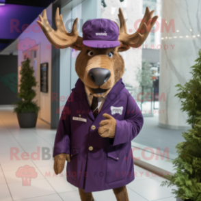 Purple Irish Elk mascot costume character dressed with a Jacket and Hat pins