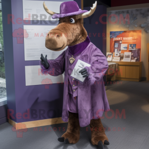 Purple Irish Elk mascot costume character dressed with a Jacket and Hat pins