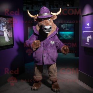Purple Irish Elk mascot costume character dressed with a Jacket and Hat pins