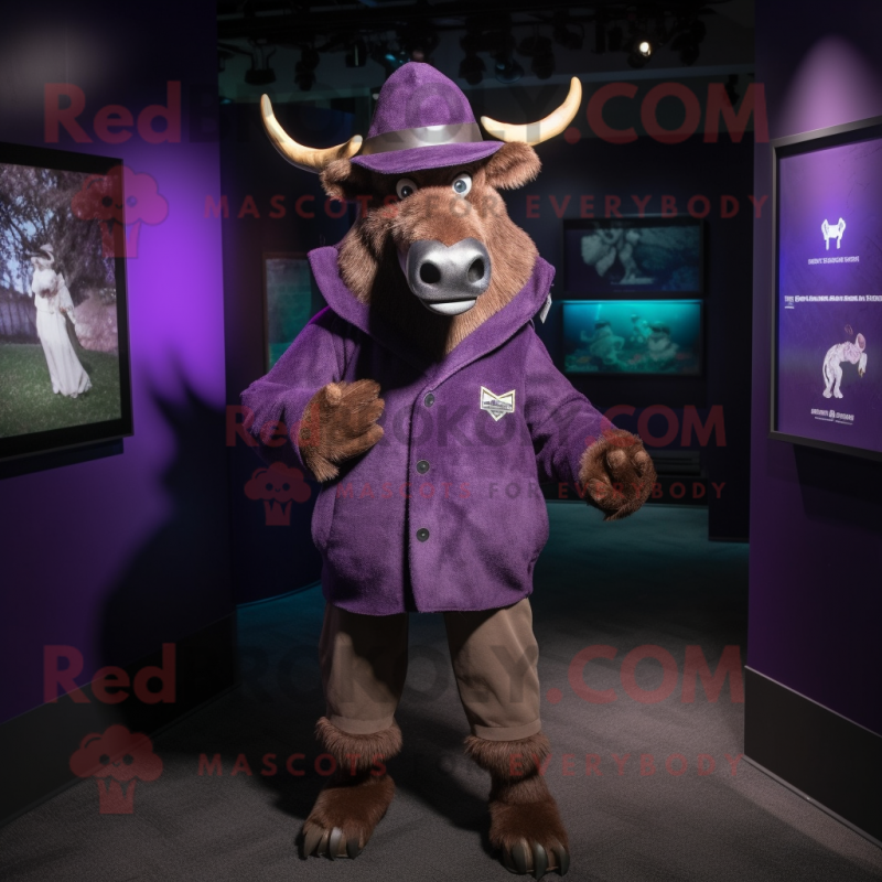 Purple Irish Elk mascot costume character dressed with a Jacket and Hat pins Purple Irish Elk mascot costume character dressed with a Jacket and Hat pins