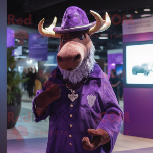 Purple Irish Elk mascot costume character dressed with a Jacket and Hat pins
