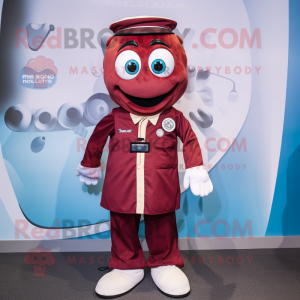 Maroon Doctor mascot costume character dressed with a Playsuit and Suspenders