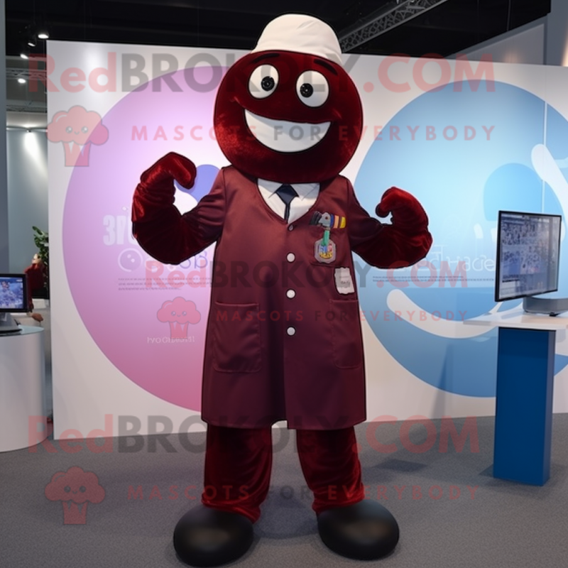 Maroon Doctor mascot costume character dressed with a Playsuit and Suspenders Maroon Doctor mascot costume character dressed with a Playsuit and Suspenders