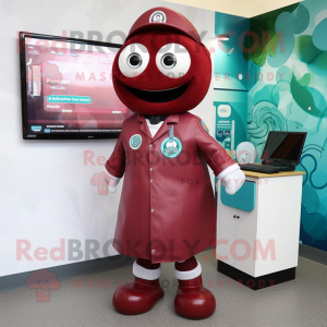 Maroon Doctor mascot costume character dressed with a Playsuit and Suspenders