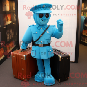 Maskotfigur af en cyan...