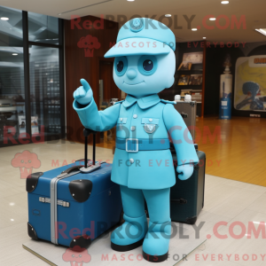 Maskotfigur af en cyan...