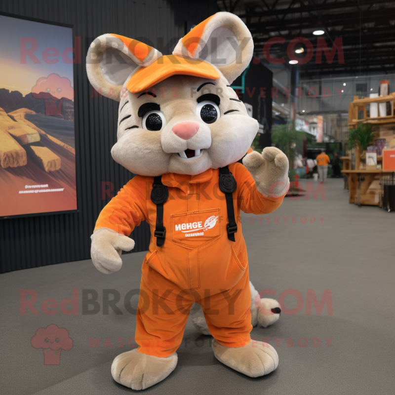 Orange Chinchilla mascot costume character dressed with a Overalls and Rings