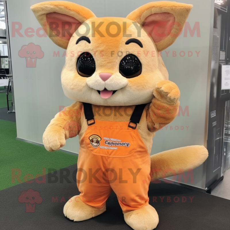 Orange Chinchilla mascot costume character dressed with a Overalls and Rings Orange Chinchilla mascot costume character dressed with a Overalls and Rings