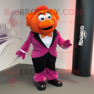 Magenta Clown Fish mascot costume character dressed with a Tuxedo and Hair clips