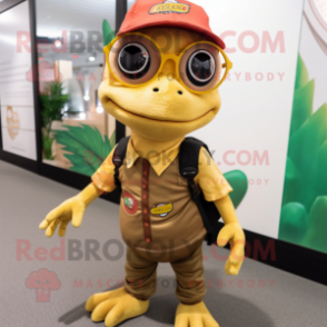 Gold Lizard mascot costume character dressed with a Dungarees and Eyeglasses