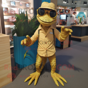 Gold Lizard mascot costume character dressed with a Dungarees and Eyeglasses