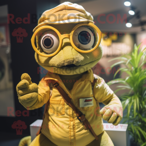 Gold Lizard mascot costume character dressed with a Dungarees and Eyeglasses