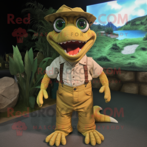 Gold Lizard mascot costume character dressed with a Dungarees and Eyeglasses