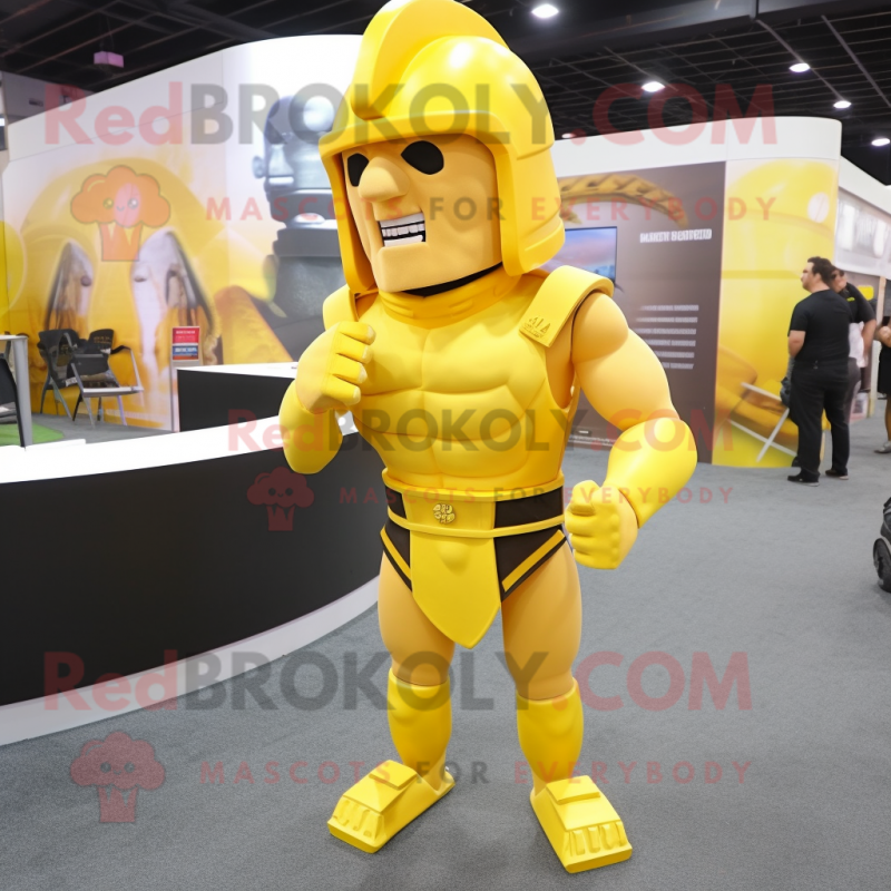 Yellow Spartan Soldier mascot costume character dressed with a Bikini and Headbands