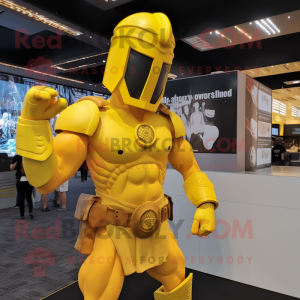 Yellow Spartan Soldier mascot costume character dressed with a Bikini and Headbands