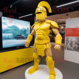 Yellow Spartan Soldier mascot costume character dressed with a Bikini and Headbands