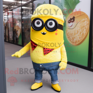 Yellow Sushi mascot costume character dressed with a Boyfriend Jeans and Sunglasses