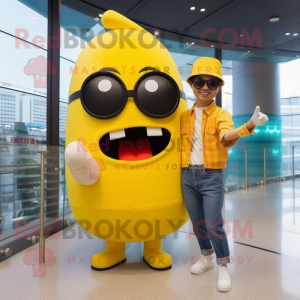 Yellow Sushi mascot costume character dressed with a Boyfriend Jeans and Sunglasses