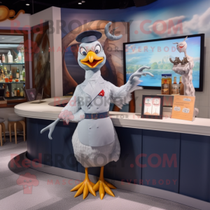 Gray Seagull mascot costume character dressed with a Cocktail Dress and Watches