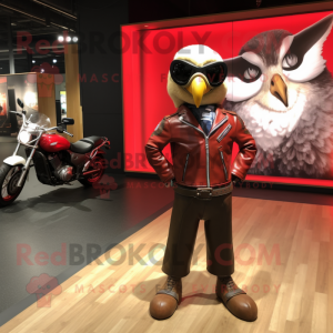 Red Falcon mascot costume character dressed with a Biker Jacket and Bow ties